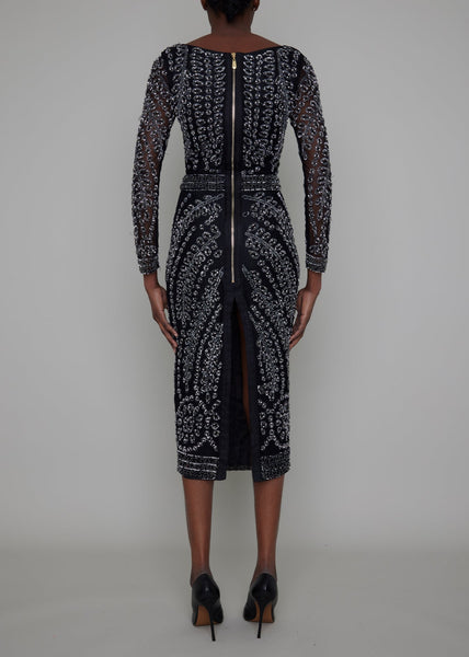 CHELSEA HAND BEADED SLEEVED MIDI DRESS
