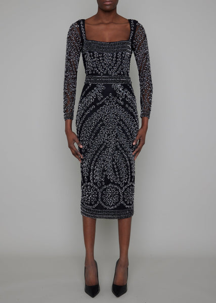 CHELSEA HAND BEADED SLEEVED MIDI DRESS