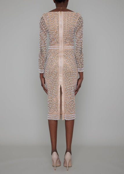 CHELSEA HAND BEADED SLEEVED MIDI DRESS