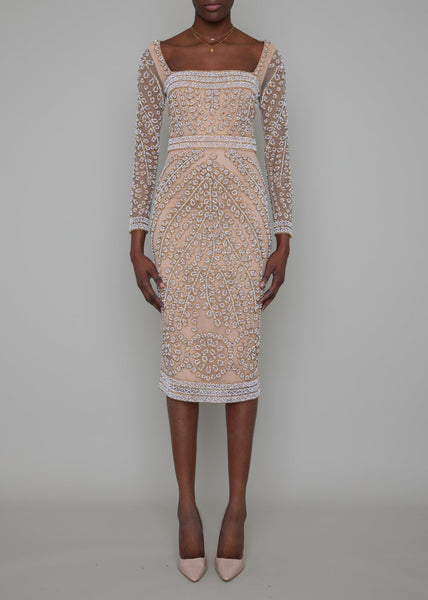 CHELSEA HAND BEADED SLEEVED MIDI DRESS