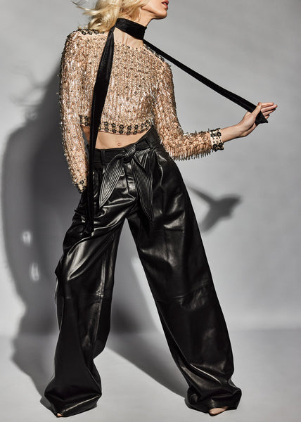 PETERSHAM BY-PRODUCT LEATHER PLEAT FRONT WIDE LEG TROUSERS