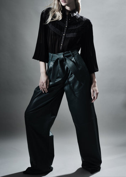 PETERSHAM BY-PRODUCT LEATHER PLEAT FRONT WIDE LEG TROUSERS