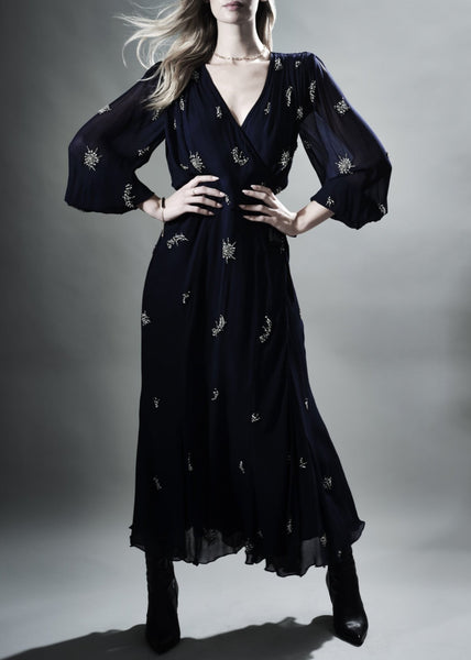 KINGSTON HAND BEADED LONG SLEEVED MIDI WRAP DRESS