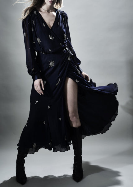 KINGSTON HAND BEADED LONG SLEEVED MIDI WRAP DRESS