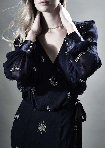 KINGSTON HAND BEADED LONG SLEEVED MIDI WRAP DRESS