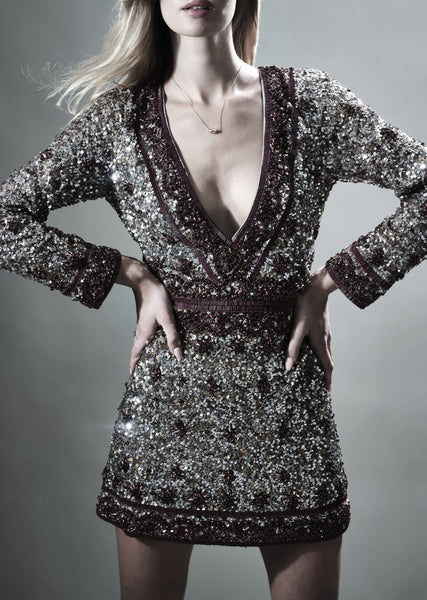 SHEERWATER HAND BEADED & SEQUINED LONG SLEEVED V NECK MINI DRESS