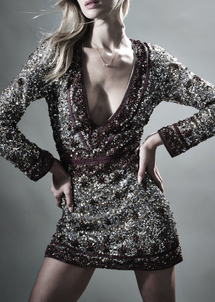 SHEERWATER HAND BEADED & SEQUINED LONG SLEEVED V NECK MINI DRESS