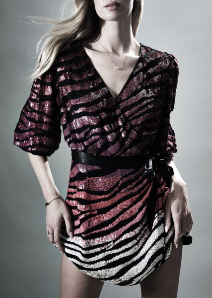 REGENTS HAND SEQUINNED WRAP MINI DRESS