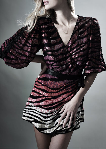 REGENTS HAND SEQUINNED WRAP MINI DRESS