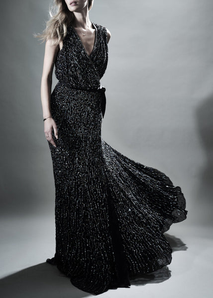 SANARY HAND SEQUINNED WRAP GEORGETTE MAXI GOWN