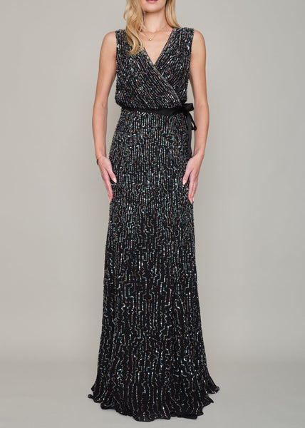 SANARY HAND SEQUINNED WRAP GEORGETTE MAXI GOWN