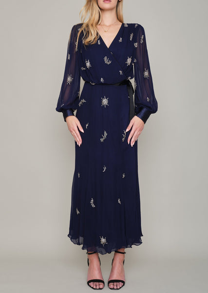 KINGSTON HAND BEADED LONG SLEEVED MIDI WRAP DRESS