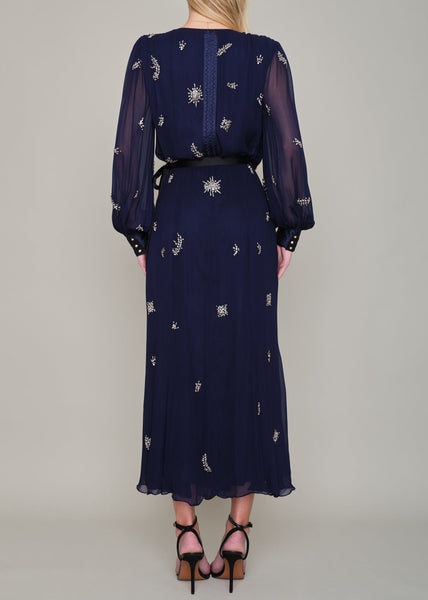KINGSTON HAND BEADED LONG SLEEVED MIDI WRAP DRESS