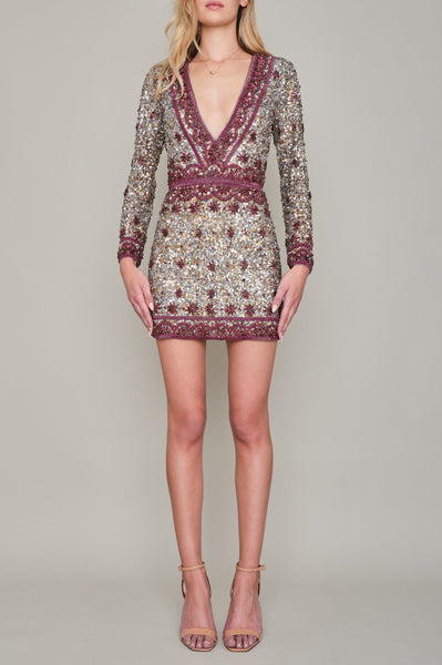 SHEERWATER HAND BEADED & SEQUINED LONG SLEEVED V NECK MINI DRESS