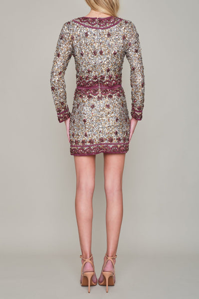 SHEERWATER HAND BEADED & SEQUINED LONG SLEEVED V NECK MINI DRESS