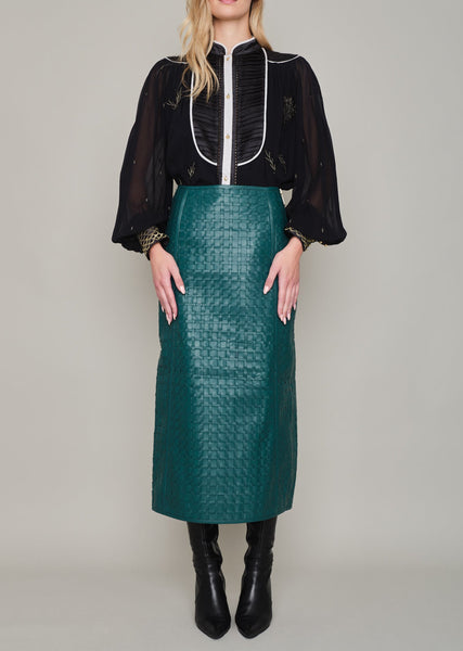 CADOGAN HAND WOVEN BY-PRODUCT LEATHER MIDI SKIRT