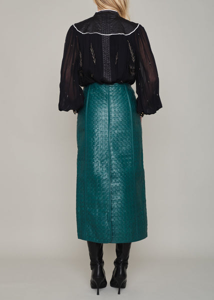 CADOGAN HAND WOVEN BY-PRODUCT LEATHER MIDI SKIRT