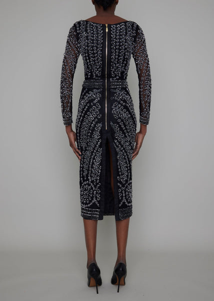 CHELSEA HAND BEADED SLEEVED MIDI DRESS