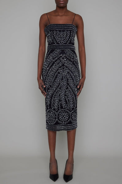 CHELSEA HAND BEADED SPAGHETTI STRAP MIDI DRESS