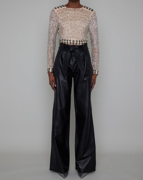 PETERSHAM BY-PRODUCT LEATHER PLEAT FRONT WIDE LEG TROUSERS