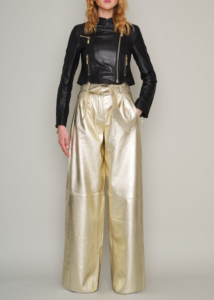 PETERSHAM BY-PRODUCT LEATHER PLEAT FRONT WIDE LEG TROUSERS