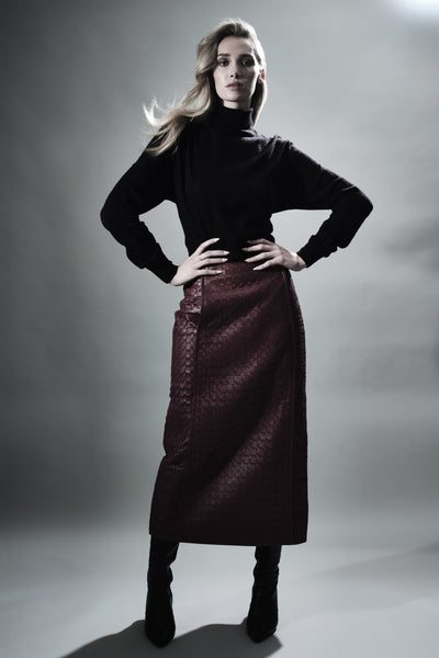 CADOGAN HAND WOVEN BY-PRODUCT LEATHER MIDI SKIRT