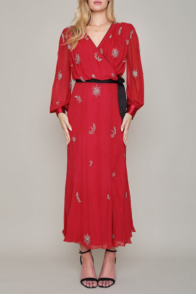 KINGSTON HAND BEADED LONG SLEEVED MIDI WRAP DRESS