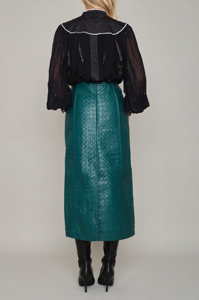 CADOGAN HAND WOVEN BY-PRODUCT LEATHER MIDI SKIRT