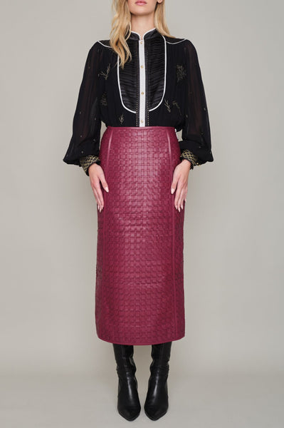 CADOGAN HAND WOVEN BY-PRODUCT LEATHER MIDI SKIRT