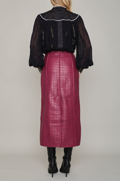 CADOGAN HAND WOVEN BY-PRODUCT LEATHER MIDI SKIRT