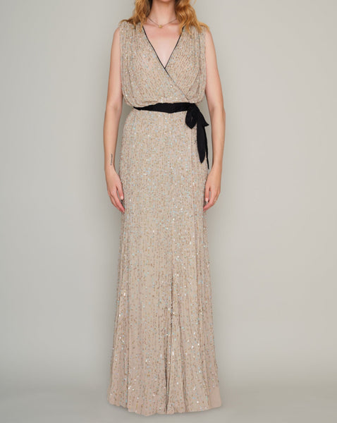 SANARY HAND SEQUINNED WRAP MAXI GOWN